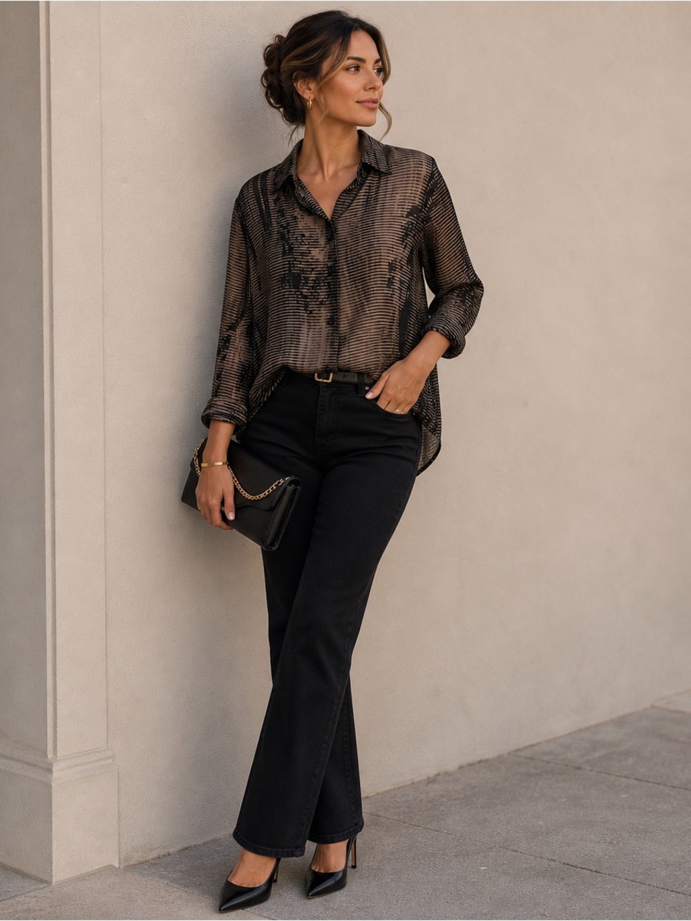 Vivian Wong Sheer Abstract Stripe Button Up Blouse Large (Made in Canada)